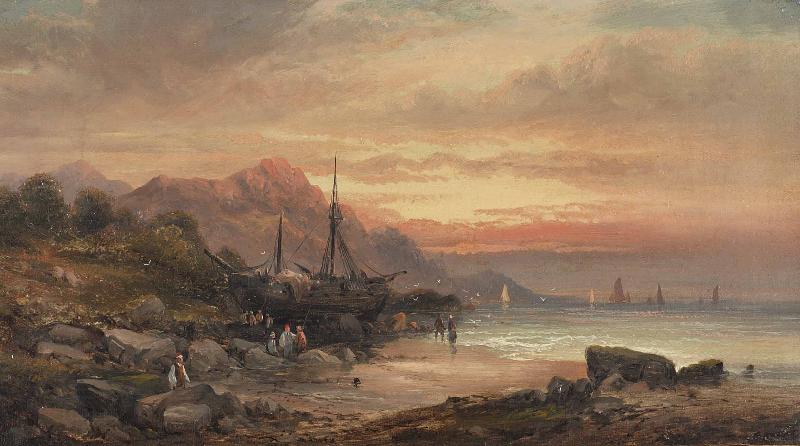William Tomkins Coastal scene with islet and fishing folk